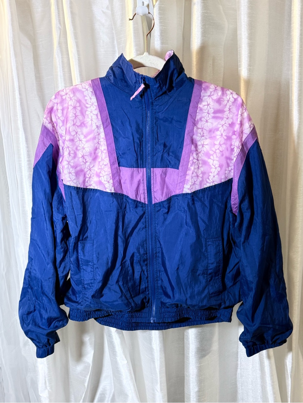 TRULY Navy and Lavender Floral Panel Bomber Jacket vintage 80s